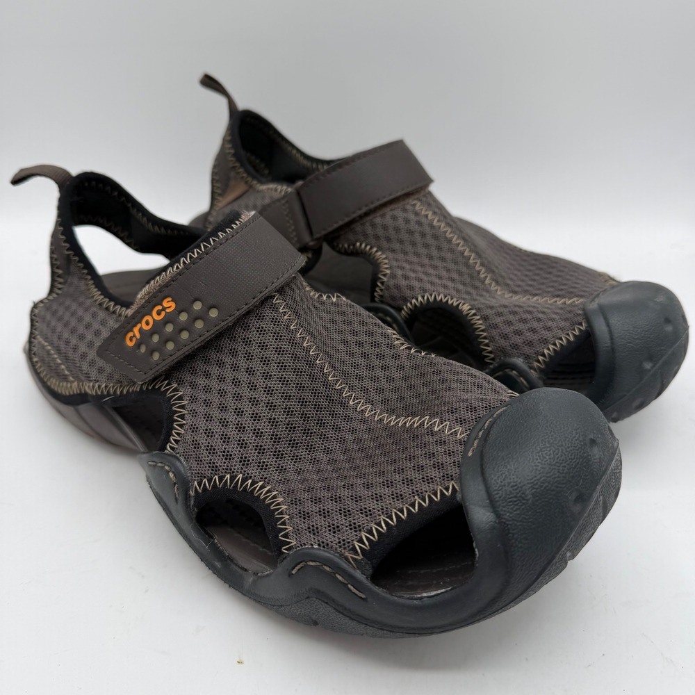 Crocs sandals Men 8 Swiftwater Mesh Brown Toe Protection 15041 EUC